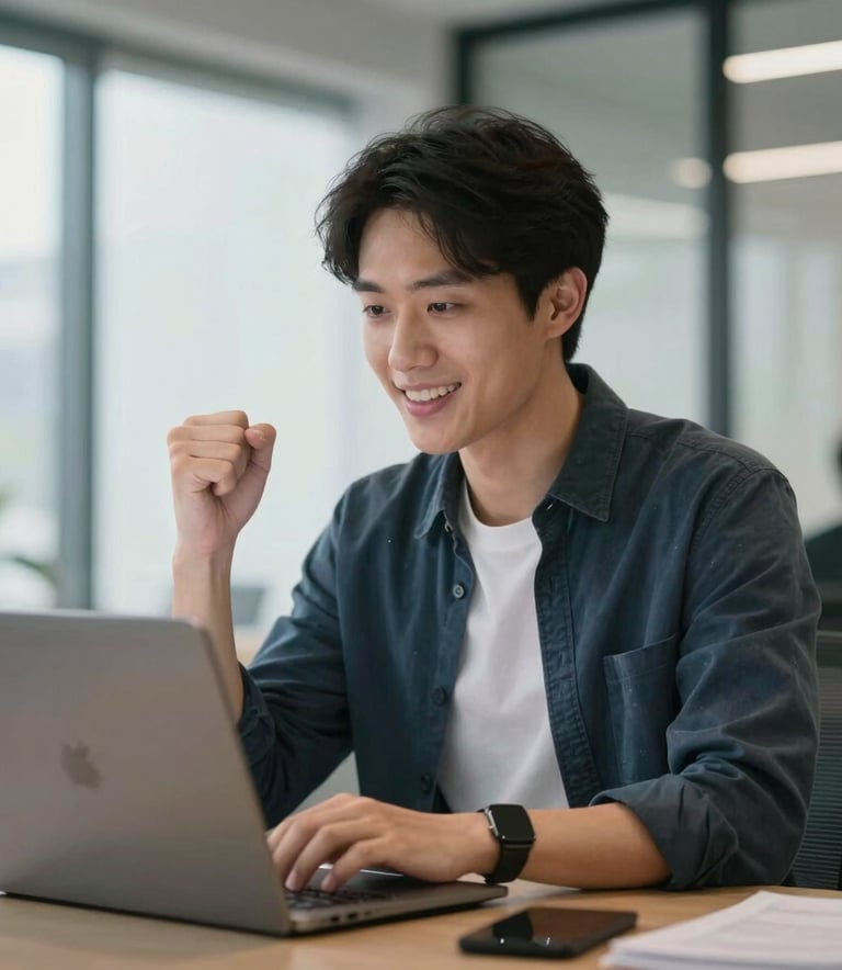 A professional in a modern North American setting engaged in online learning, looking at a bright screen with a look of accomplishment and empowerment.