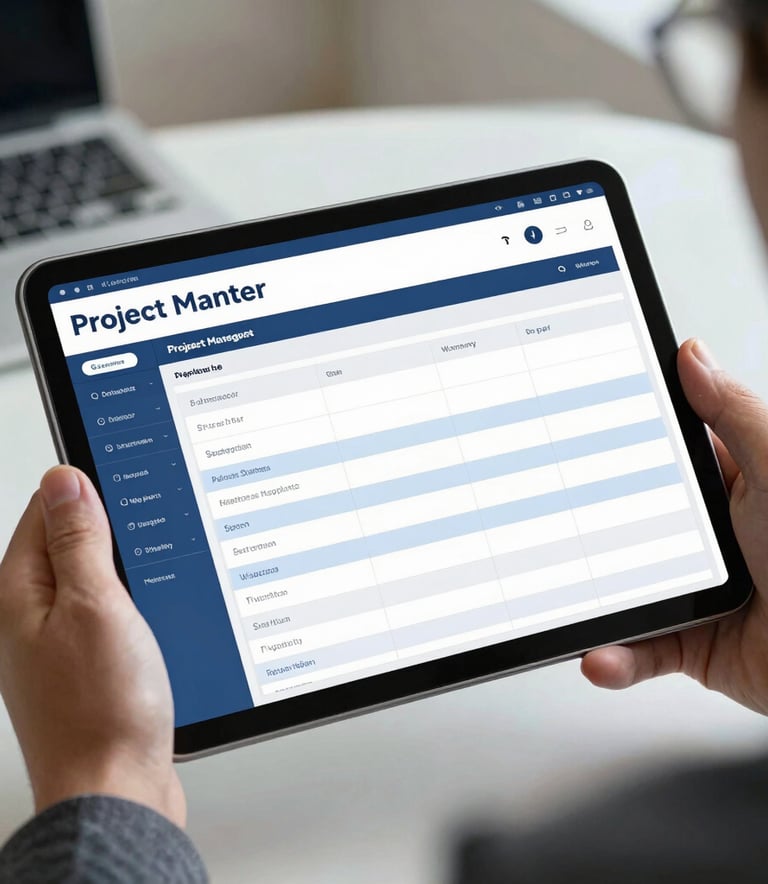 A close-up of a high-resolution tablet held by a person in professional attire in a North American office setting. The screen displays an organized project management template. Soft, diffused lighting highlights the sleek navy blue and light blue interface, emphasizing a sophisticated and empowering atmosphere.