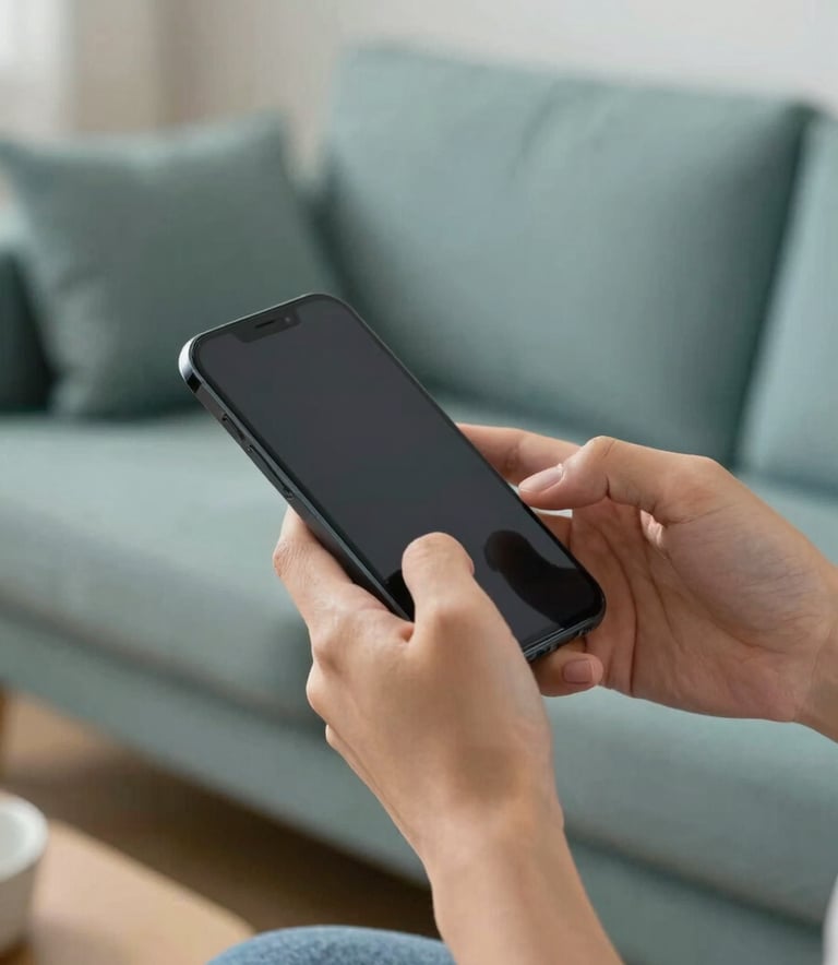A close-up photograph of a person's hands securely using a modern smartphone in a well-lit living room. The atmosphere is calm and reliable, with soft frosted teal and muted slate blue accents in the background decor. High-quality professional lighting emphasizes clarity and safety.