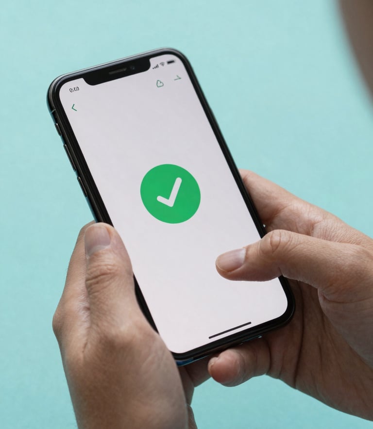 A close-up photograph of a person's hands holding a sleek smartphone against a soft aqua background. The phone screen shows a secure payment confirmation checkmark, conveying efficiency and ease of use in a professional style.