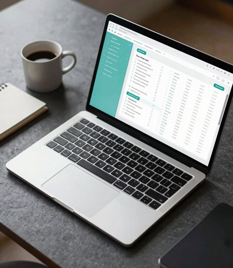 A high-angle professional photograph of a modern laptop on a dark slate grey desk. The screen displays a secure and clean financial dashboard with soft aqua accents. Beside the laptop is a minimalist notebook and a ceramic cup, bathed in soft, natural morning light.