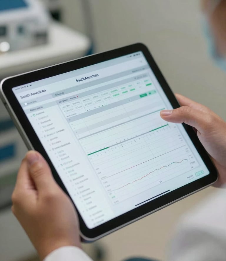 Close-up of a high-resolution digital tablet screen displaying a clean medical interface with patient charts and graphs, held by hands in a white lab coat, professional medical photography, South American clinic setting.