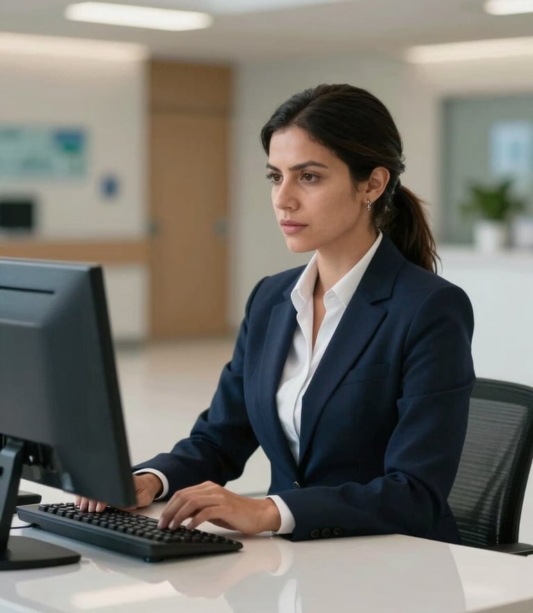 A Latin American female administrative professional at a sleek computer desk in a contemporary hospital lobby, blurred clinical background, high-end professional photography, lighting reflecting a clean medical environment.