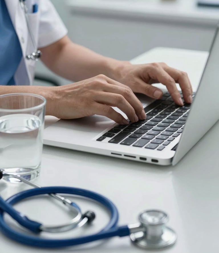 Close-up photography of a medical professional's hands using a modern laptop in a clean South American clinic office. A stethoscope lies neatly on the desk next to a glass of water, reflecting an organized and efficient workspace with Bright Blue elements.