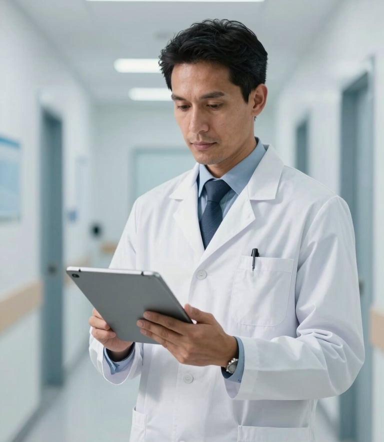 A professional South American male doctor in a crisp white medical coat, holding a slim digital tablet in a brightly lit, modern clinical corridor with Soft Blue accents. The lighting is clean and professional, emphasizing a high-tech healthcare environment.
