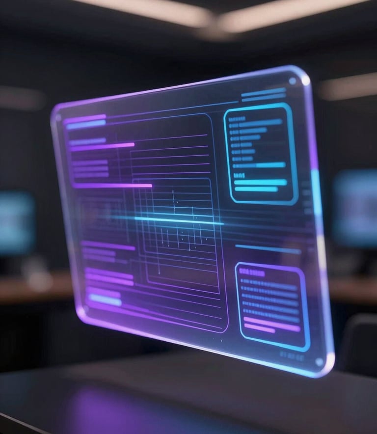 Close-up of a high-tech translucent holographic interface floating in a dark, sophisticated room in a North American tech hub. Subtle deep purple and neon blue light trails suggest fast data processing.