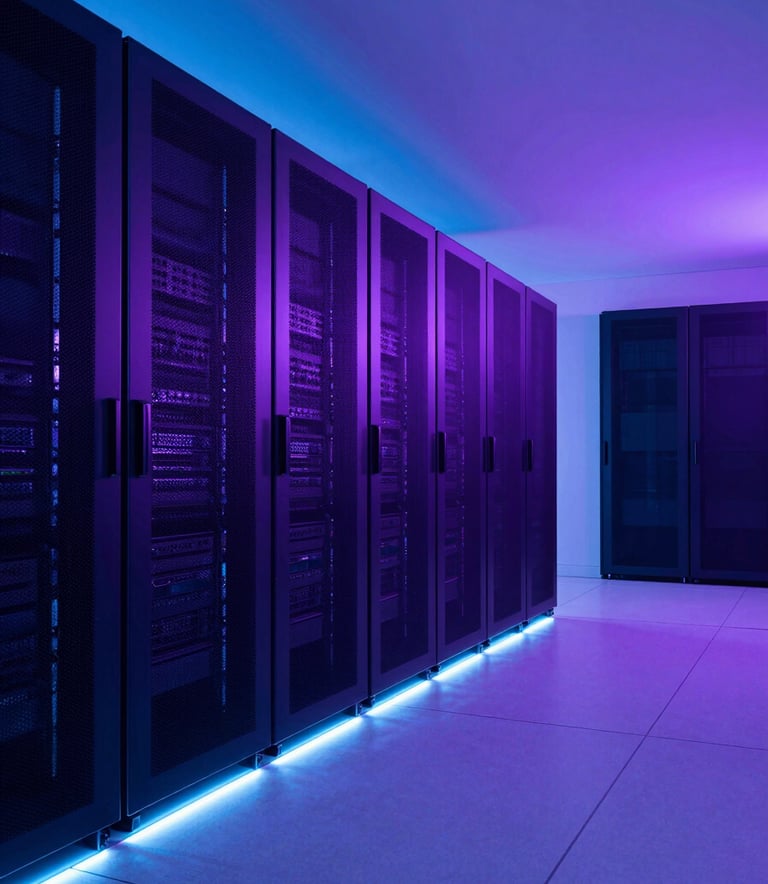 Wide shot of a clean, minimalist server room in North America, bathed in neon blue and deep purple lighting. The architecture is futuristic with sleek metallic surfaces and glowing light strips along the floor.