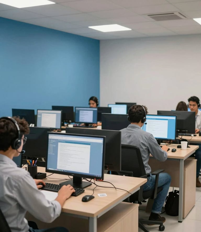 A wide shot of a clean, organized tele-atendimento center in Brazil. Attendants are focused on their screens in a modern, minimalist office with blue and light gray accents. Professional lighting emphasizing a productive and calm environment.