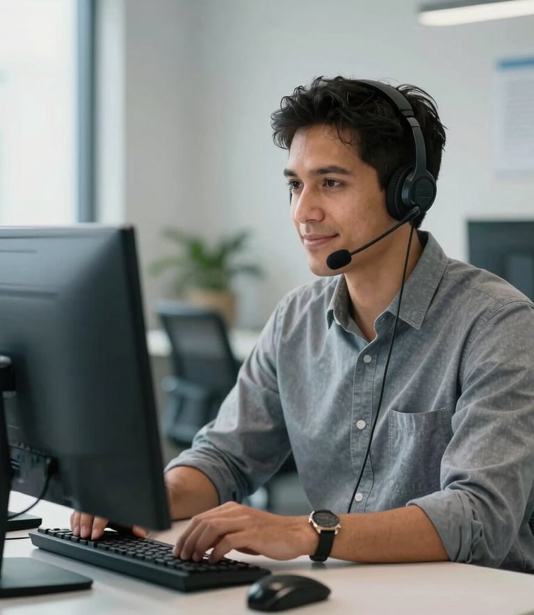 A focused South American professional at a clean workstation, wearing a headset, looking at a monitor with a calm and helpful expression, bright and modern office interior with soft blue and grey accents.