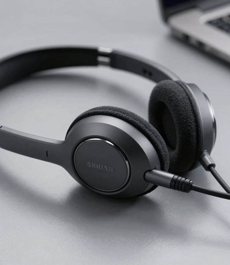 Extreme close-up of a modern, professional wireless headset resting on a polished grey surface, highlighting precision and technology, South American corporate setting.