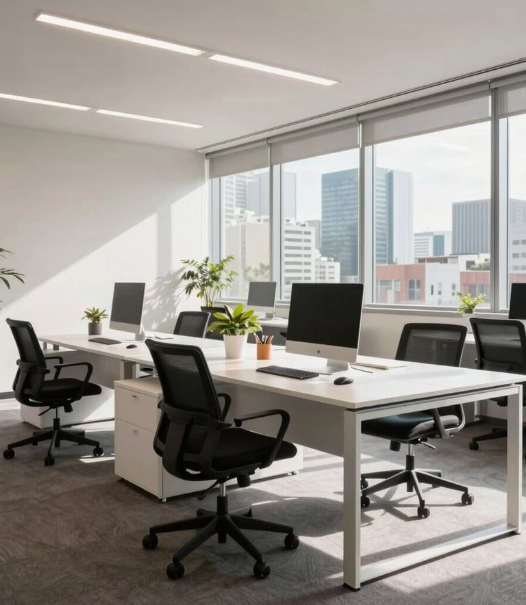 A modern, bright office interior in a South American city. A professional atmosphere with clean white desks and ergonomic chairs. Soft daylight coming from large windows. High-quality photography, sharp focus on the workspace.
