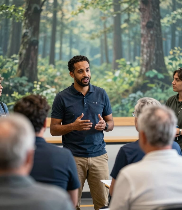 A professional and approachable photograph of Tom Berhane engaging in an active conversation with a diverse group of Minnesota residents at a local community center. The lighting is bright and natural, highlighting a forest green and soft blue background palette that feels clean and modern.