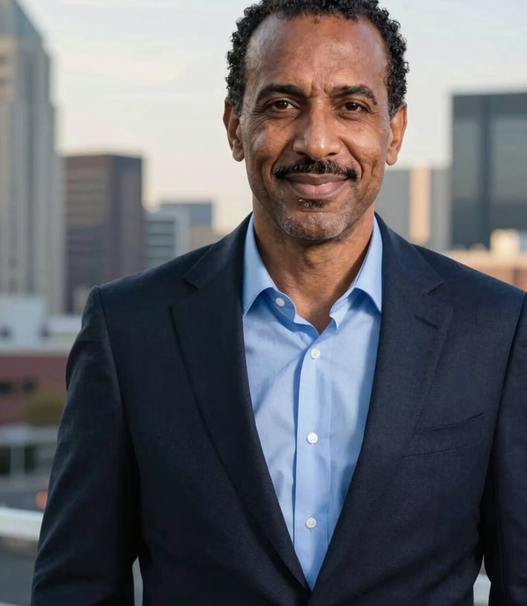 A high-quality portrait of Tom Berhane, a man in his late 40s with a warm, trustworthy expression. He is wearing a dark navy blazer over a crisp soft blue shirt, standing against a blurred backdrop of a modern Minnesota cityscape under a bright morning sky.