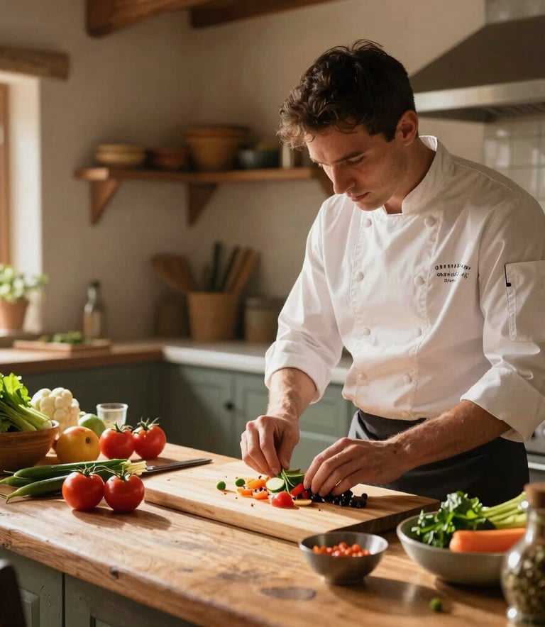 A professional food photographer in a sun-drenched, rustic kitchen in Western Europe / North America, capturing a cinematic shot of a chef preparing seasonal ingredients. The lighting is warm and inviting, highlighting natural textures.
