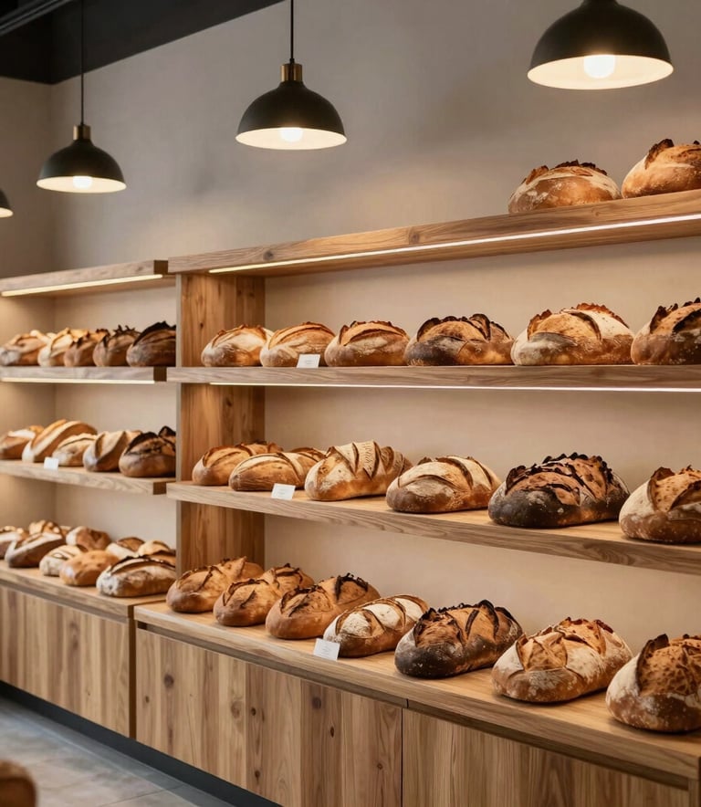 Interior of a cozy, modern artisanal bakery with minimalist wooden shelves and warm pendant lighting, showcasing a selection of crusty breads, Western European style.