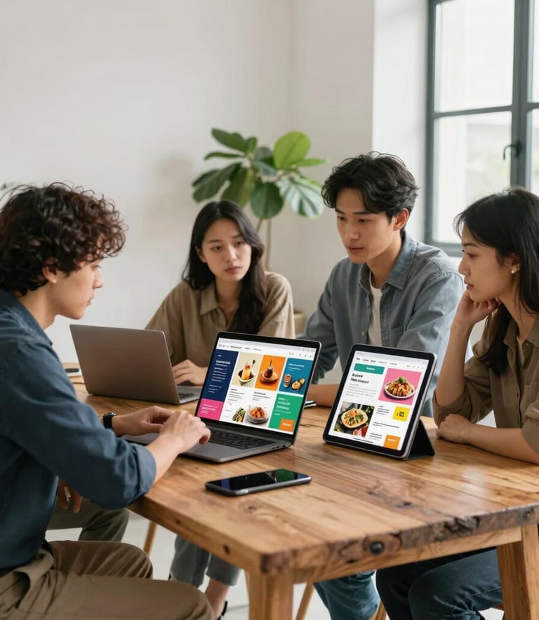 A creative marketing team in a bright, minimalist studio in Western European / North American style, gathered around a large rustic wooden table. They are reviewing colorful social media mockups for a food brand on a laptop and tablet, with a backdrop of indoor plants and large windows. Professional and collaborative atmosphere.
