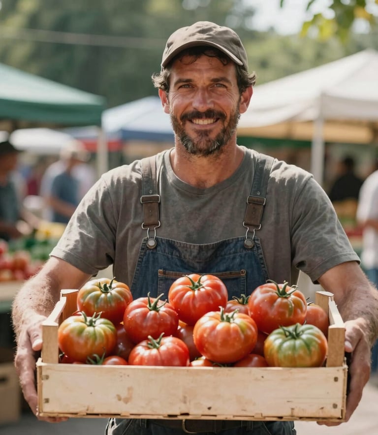 A local farmer proudly holding a crate of vibrant heirloom tomatoes at a sun-drenched outdoor market, soft natural lighting, Western European / North American setting.