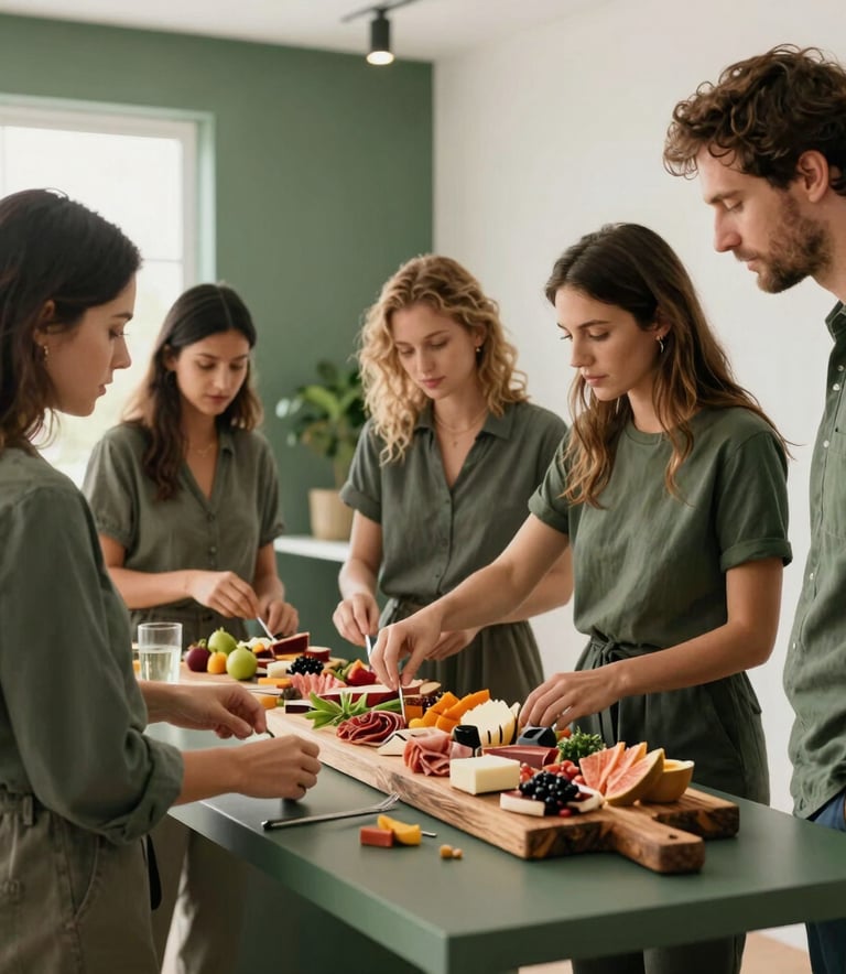 A professional digital marketing team in a bright studio, North American / European, arranging a rustic charcuterie board for a high-end social media photoshoot, matte forest green accents in the decor.