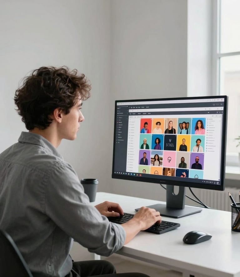A professional creative director in a stylish, minimalist North American office setting, reviewing a vibrant social media content calendar on a large monitor, with soft natural light and a clean Scandinavian desk setup.