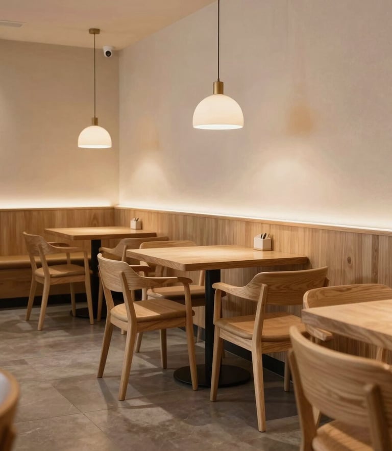 A cozy, minimalist restaurant interior in North American / European style, featuring light wood furniture, clean lines, and warm ambient lighting, reflecting a sophisticated yet approachable atmosphere.