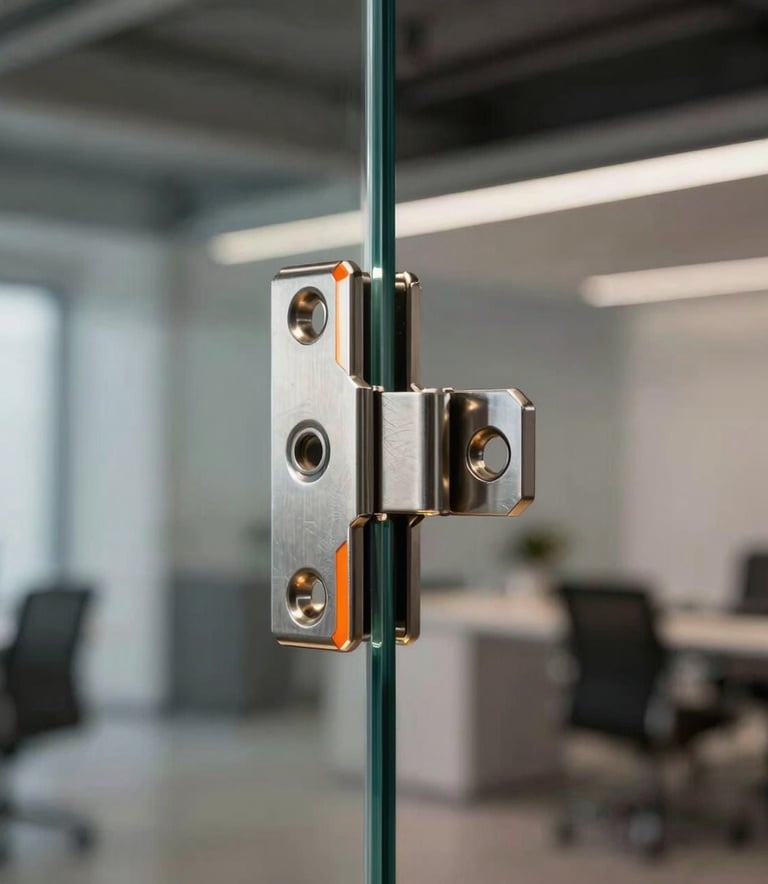 A high-precision stainless steel glass connector hinge mounted on a thick pane of clean architectural glass. Modern minimalist showroom setting. Soft dramatic industrial lighting with a sharp vibrant orange reflective highlight on the polished metal edge. Sleek, professional photography, Latin American / Spanish-speaking architectural office vibe.
