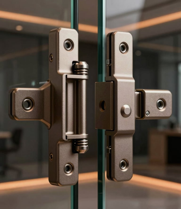 An elegant technical photograph of heavy glass door pivot systems. The metallic surfaces are dark taupe and silver, with flawless matte textures. Soft premium studio lighting with delicate orange ambient glows, set against a dark glass wall in an architectural studio in Latin America.