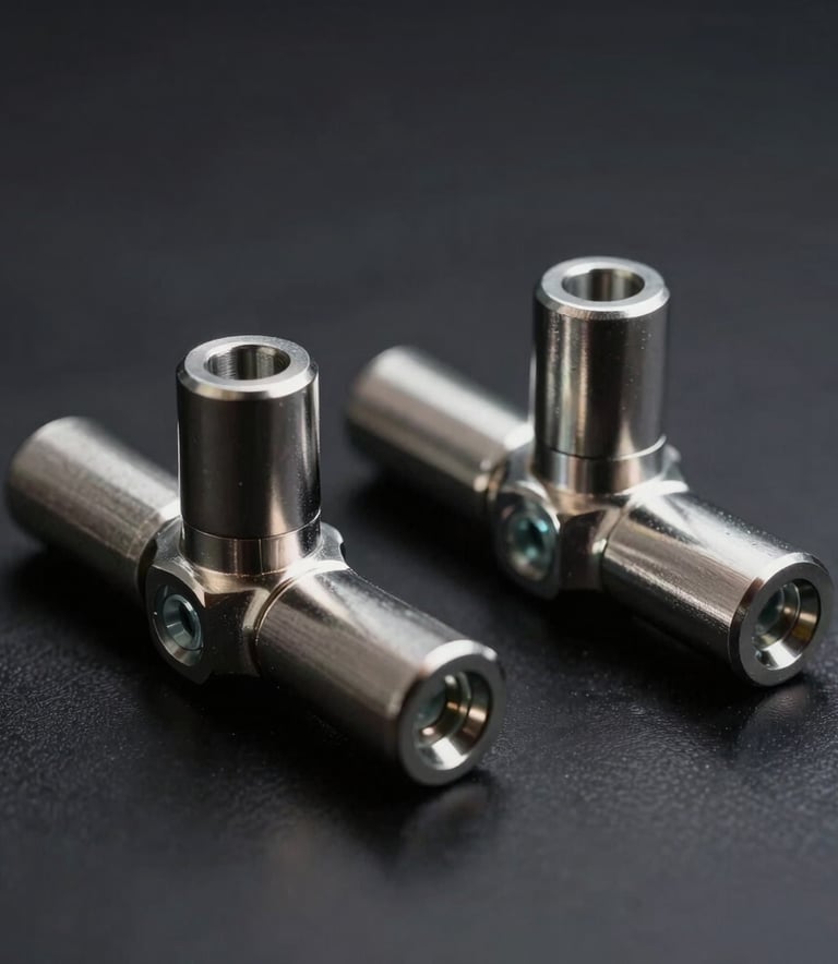 A minimalist close-up shot of architectural glass hardware connectors, showcasing polished finishes. Industrial design style, dark background with deep charcoal tone, accented by sharp studio lighting that creates a bright silver edge on the metal. Located in a modern Latin American engineering workshop.