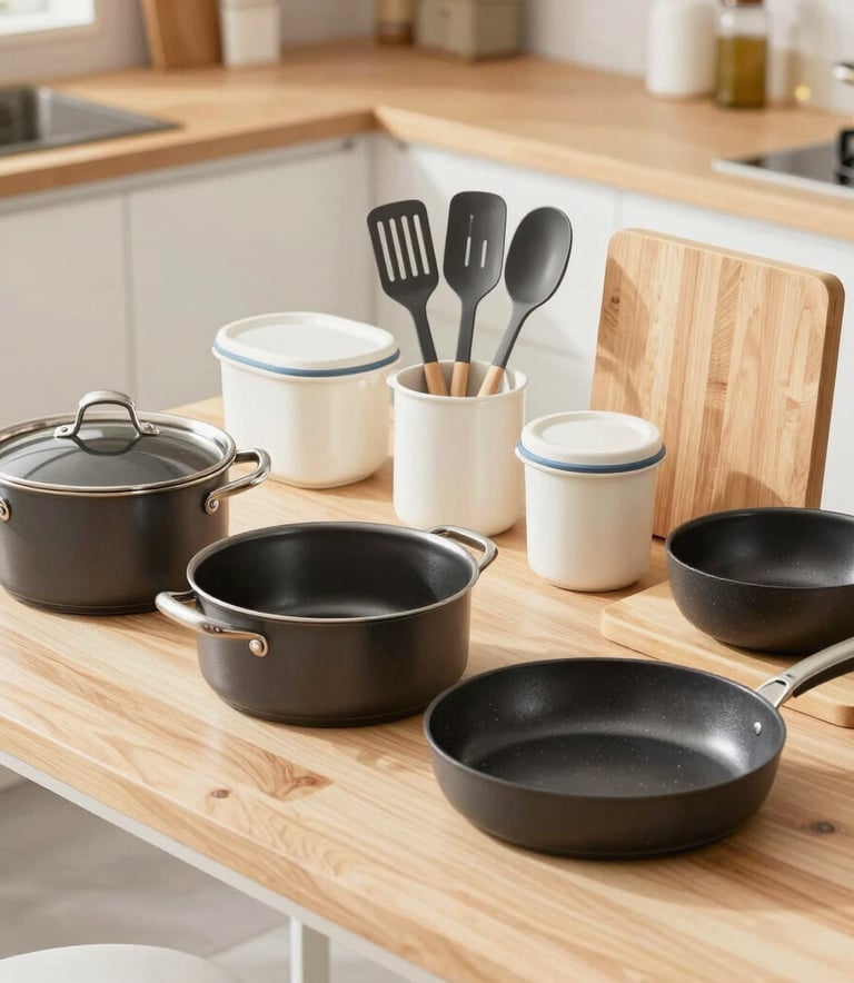 A vibrant kitchen scene featuring a set of colorful non-stick pots and pans on a stove with fresh vegetables nearby.