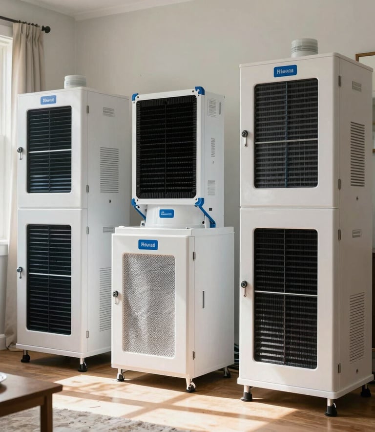 Clean photography of heavy-duty industrial HEPA air scrubbers and drying equipment neatly arranged in a sun-drenched North American / US (Florida) living room, emphasizing professional contamination control and air safety.
