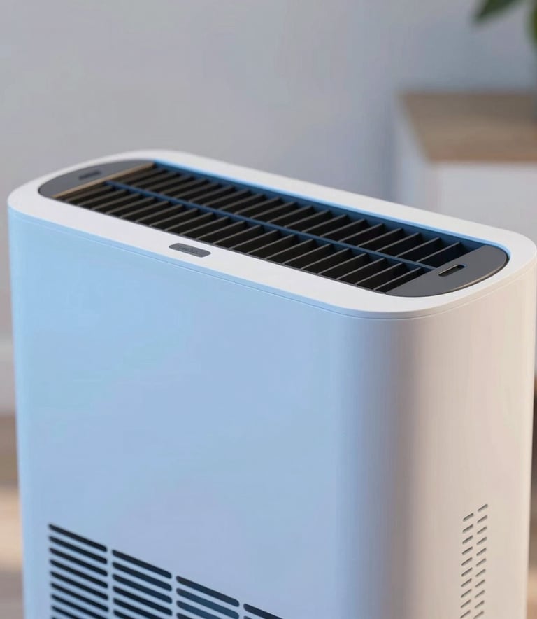 A close-up of a high-tech air scrubber machine operating in a modern North American / US (Florida) house. The machine is sleek, reflecting soft blue and white light. Clean, minimal aesthetic.