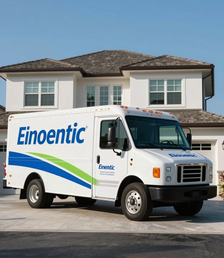 A wide-angle, trustworthy photo of a clean, modern white service truck with professional blue and green branding parked in front of a modern North American / US (Florida) home under a clear blue sky.