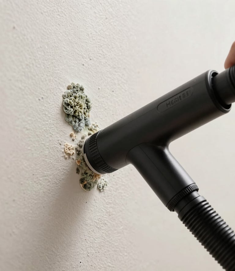 Macro photography of mold patches on a drywall corner, with a professional HEPA vacuum nozzle approaching the area in a North American / US (Florida) residence. High contrast, safe feeling.