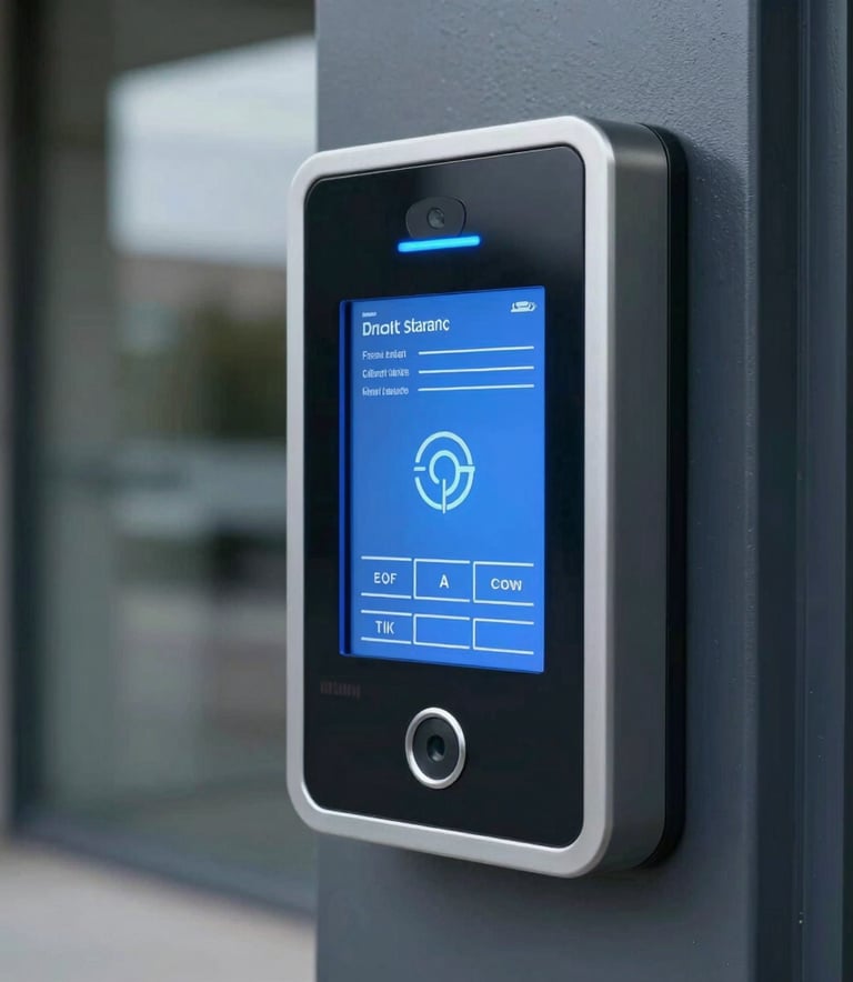 A detailed close-up of a high-tech biometric security interface at the entrance of a modern corporate building in North America, lit with soft blue light.