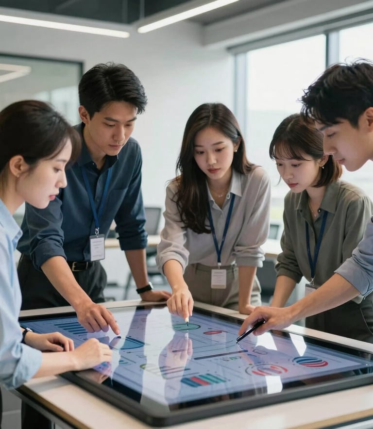 A professional tech team in a bright, modern US office setting, collaborating around a large touchscreen tablet, reflecting innovation and reliability.