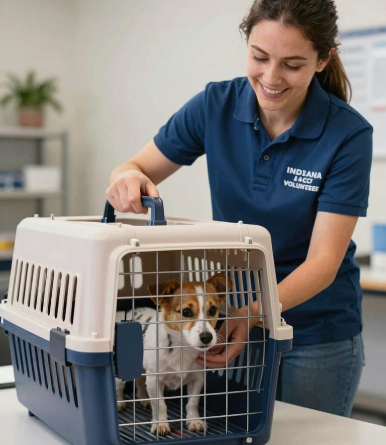 A compassionate Indiana volunteer in a professional blue shirt gently loading a small dog into a modern, clean animal transport crate, warm and approachable lighting, reflecting the brand colors #1E3A4B and #4F6B7C.