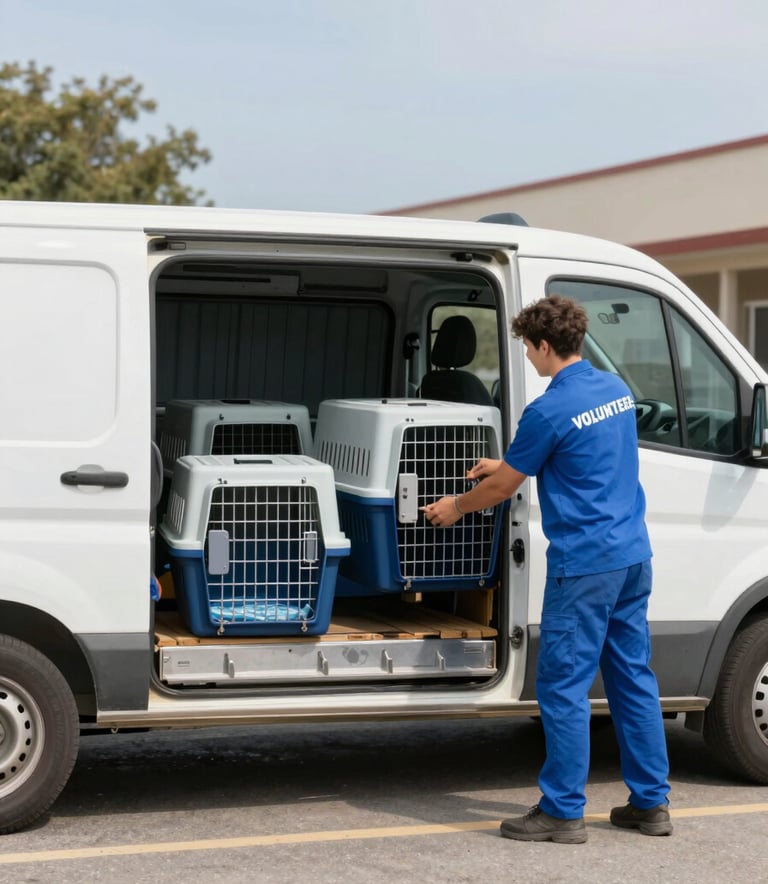 A side view of a clean, reliable transport vehicle being loaded with animal crates by a professional volunteer in a blue uniform. The setting is a sunny parking lot near a shelter. Soft, clear lighting emphasizes reliability. Palette includes #1E3A4B and #F8FBFD.