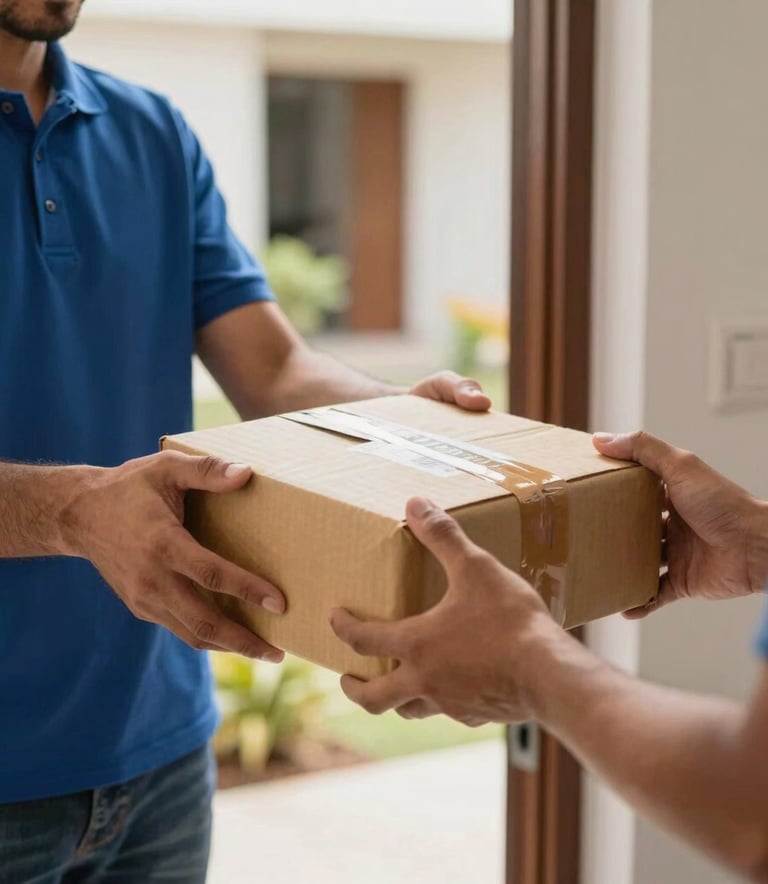 Close-up of a delivery professional's hands handing a neatly wrapped parcel to a customer at a modern apartment doorway, South American residential setting, warm natural lighting, high-quality photography.