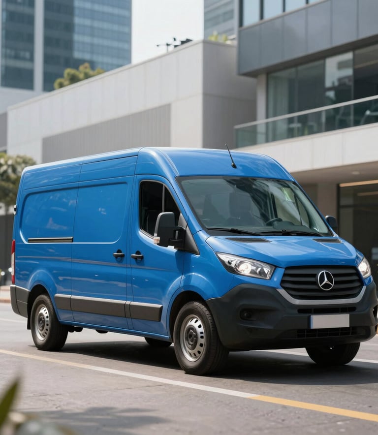 A medium blue delivery van parked in a bright, modern South American business district, sleek industrial background, professional commercial photography.