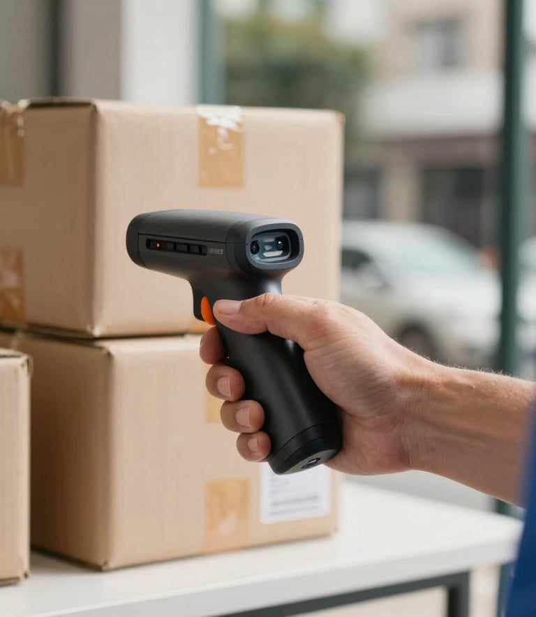 Close-up of a professional Brazilian delivery person's hand holding a high-tech scanning device in front of a modern parcel, South American urban setting, bright natural lighting, professional and secure atmosphere.