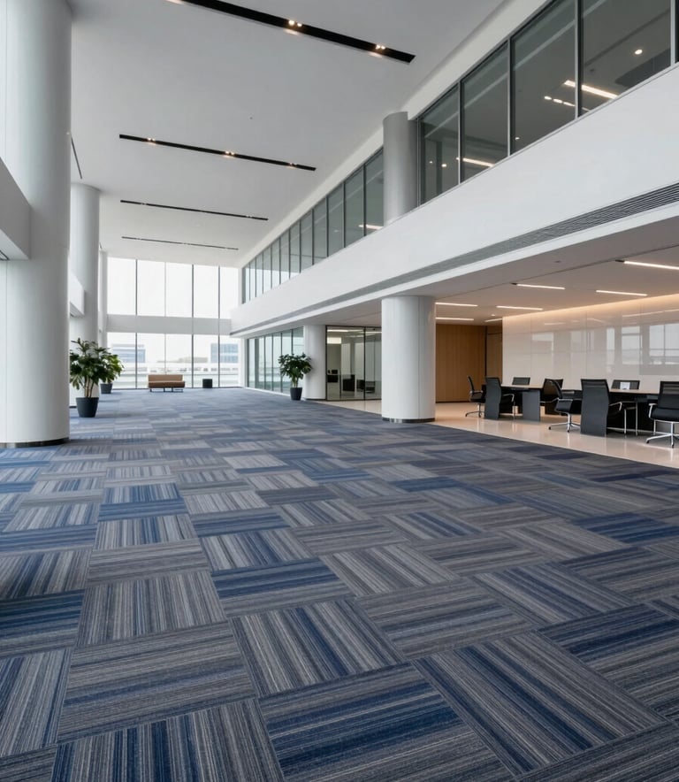 A professional wide-angle shot of a modern Riyadh office building interior featuring high-quality grey and blue carpet tile installation. The lighting is bright and professional, showcasing the clean seams and texture. The color palette includes #1C2833 and #9DAAB6. The mood is efficient and high-end.
