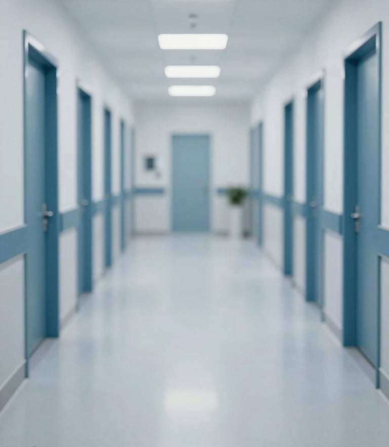 A high-end image of a medical facility hallway in Riyadh featuring seamless antibacterial vinyl flooring in light grey. The lighting is clean and sterile, reflecting professionalism. The scene incorporates brand colors #4A6572 and #F5F8FA in the architectural details.