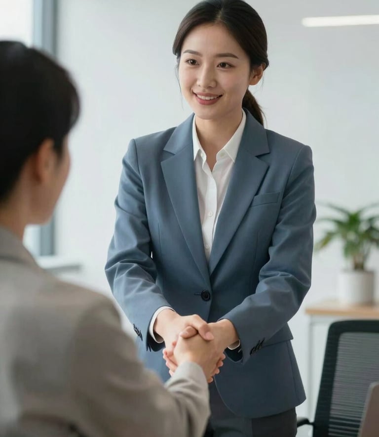 A medium shot of a professional consultant in a muted slate blue suit shaking hands with a client in a bright, modern office with soft frosty white walls, conveying trust and partnership.