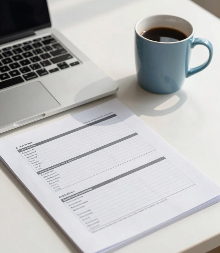 A professional desk featuring a laptop and a neatly organized credit report, with a soft steel blue coffee mug, shot in bright natural light on a frosty white desk.