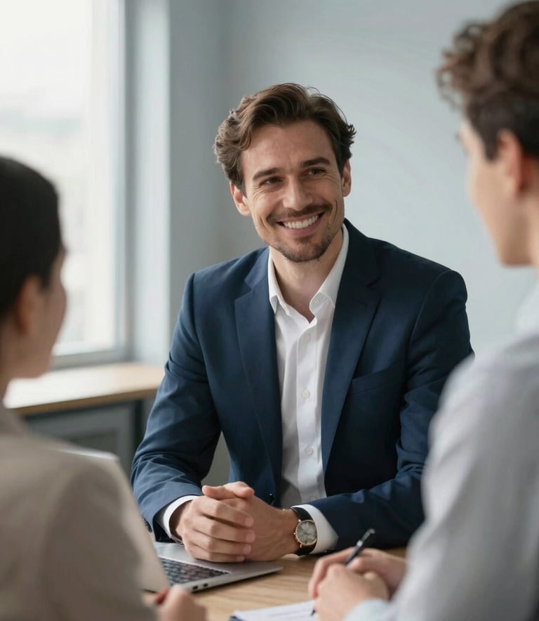 A professional setting in a bright office with soft blue gray walls. A consultant in a dark slate blue suit is smiling warmly at a client, conveying a supportive and trustworthy atmosphere. Natural light floods the room.