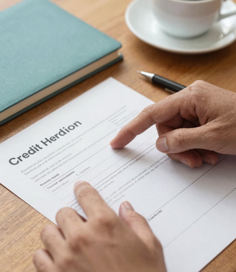 Close-up photography of a professional's hands pointing at a credit report on a wooden desk. A muted teal notebook and a cup of coffee are in the background. The lighting is bright and confidence-instilling.