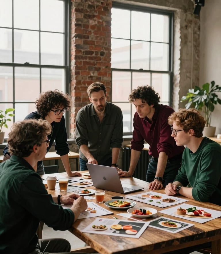 A group of professionals in a Western / European creative studio, which features large windows and exposed brick. They are gathered around a rustic wooden table covered with food mood boards and a laptop, discussing a strategy. The lighting is warm and cinematic, emphasizing an artisanal and sophisticated atmosphere with hints of Deep Ripe Crimson and Matte Forest Green in the decor.