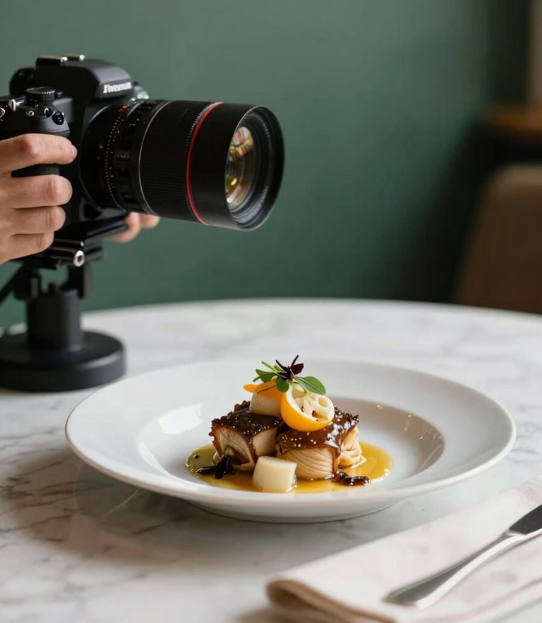 A close-up photography shot of a professional camera filming a beautifully plated dish in a Western / European artisanal restaurant. The background is a soft-focus Matte Forest Green, while the Crisp Parchment napkins on the table provide a clean, high-contrast look. The mood is authentic, professional, and sophisticated.