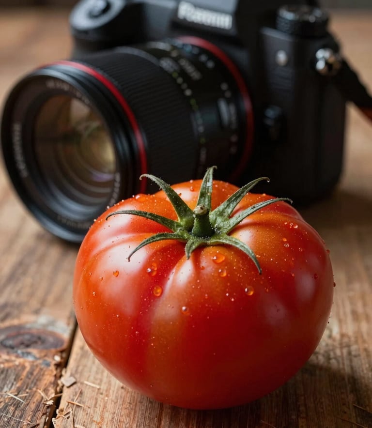 Close-up photography of a professional photographer in a Western European setting using a high-end camera to shoot a vibrant, Deep Ripe Crimson tomato on a rustic wooden surface. Natural, atmospheric lighting.