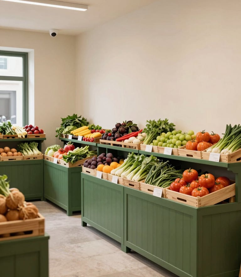 A wide photography shot of a modern, artisanal food market in Western Europe. The scene is bright and airy with Crisp Parchment colored walls and Matte Forest Green wooden stalls filled with fresh organic produce.