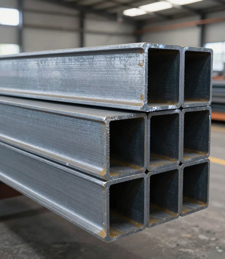 A sharp, professional close-up of stacked industrial steel beams in a clean Brazilian warehouse, displaying their metallic texture and strength under natural light. The environment is modern and reflects reliability.